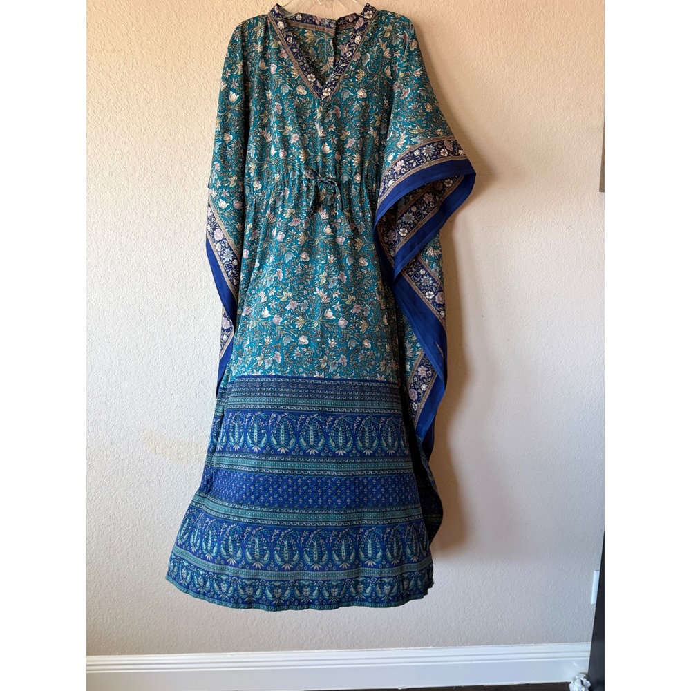 Boho Floral Paisley Maxi Kaftan Dress Teal Blue V-Neck Drawstring Waist OS